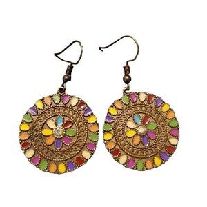 Bohemian Bronze Dangle Earrings with multi-colored enamel